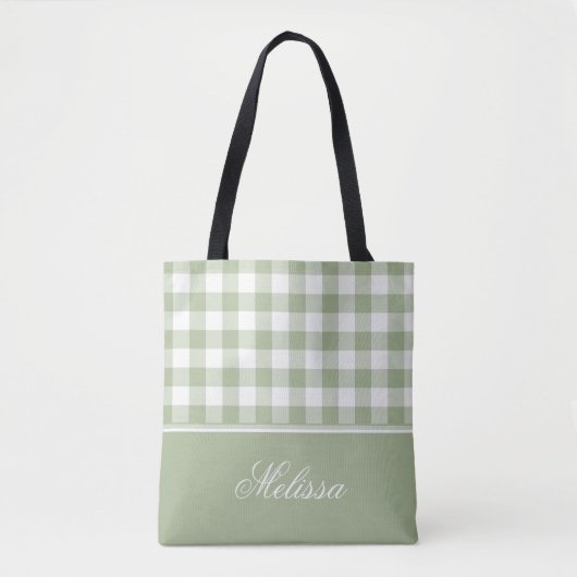 Sage Green Gingham | Gepersonaliseerd Draagtas (Voorkant)