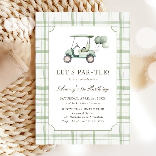 Sage Green Gingham Golf Birthday Invitation
