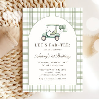 Sage Green Gingham Golf Birthday Invitation