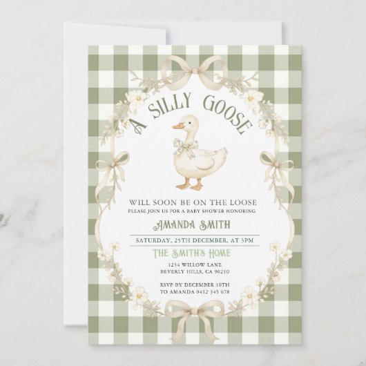 Sage Green Gingham Goose Baby Shower Invitation (Devant)