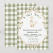 Sage Green Gingham Goose Baby Shower Invitation Kaart (Voorkant / Achterkant)