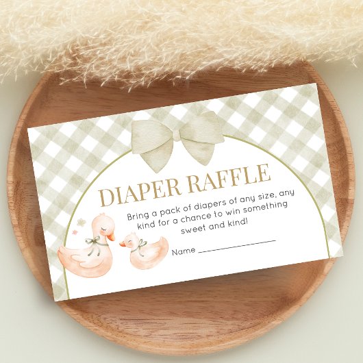 Sage Green Gingham Goose Shower Diaper Raffle Informatiekaartje