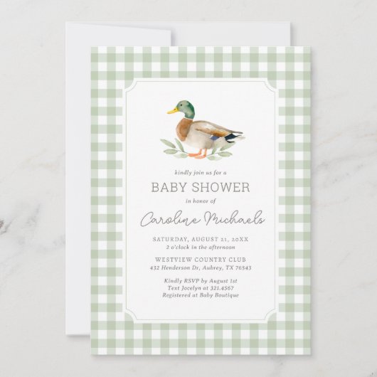 Sage Green Gingham Mallard Duck Baby shower Kaart (Voorkant)