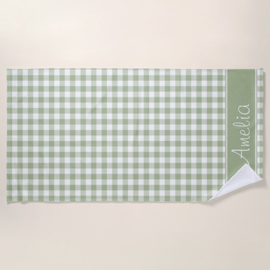 Sage Green Gingham Pattern | Gepersonaliseerd Strandlaken (Voorkant)