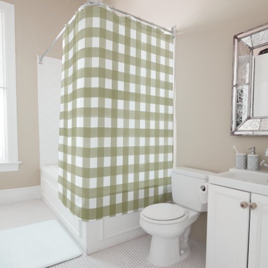 Sage Green Gingham Plaid Patterned Douchegordijn (In situ)