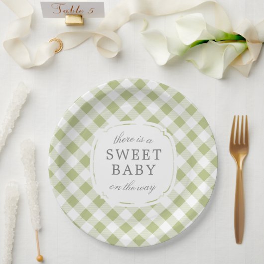 Sage Green Gingham Plaid Sweet Baby Papieren Bordje (Huwelijk)