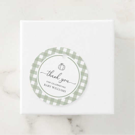 Sage Green Gingham pompoen Baby shower Bedankjes Labels (In situ)