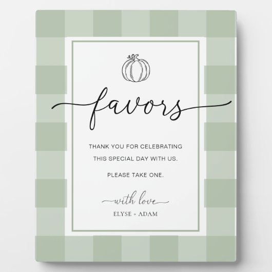 Sage Green Gingham pompoen gunsten teken Fotoplaat (Voorkant)