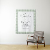 Sage Green Gingham Script Welcome Baby Shower  Wandkleed (In situ)