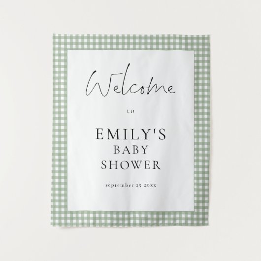 Sage Green Gingham Script Welcome Baby Shower  Wandkleed (Voorkant)