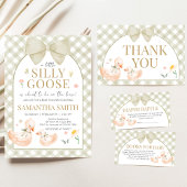 Sage Green Gingham Silly Goose Baby Shower Kaart