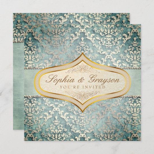 Sage Green Glimmer Damask Bruiloft Uitnodigen Kaart (Voorkant / Achterkant)
