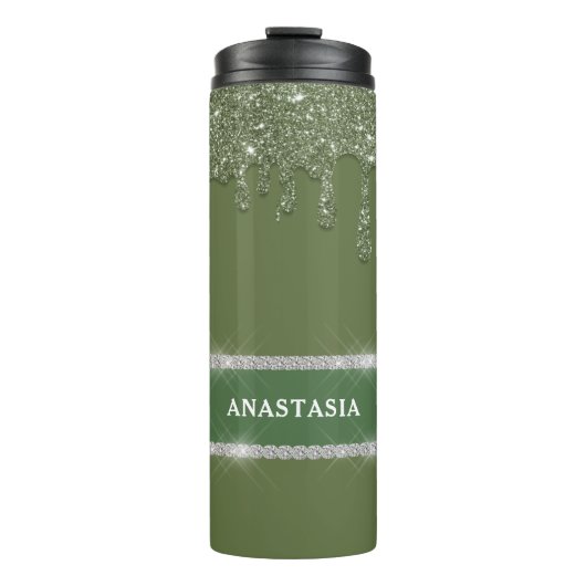 Sage Green Glitter Drip Sparkling Diamond Thermosbeker (Voorkant)