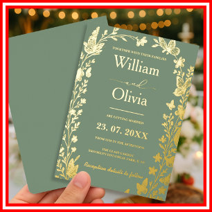 Sage Green Gold Boho Bloemen Foto Huwelijk Folie I Uitnodiging
