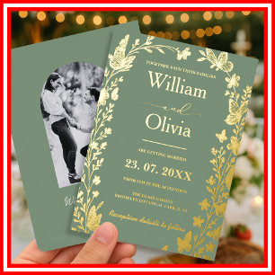 Sage Green Gold Boho Bloemen Foto Huwelijk Folie I Uitnodiging