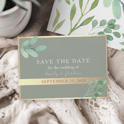 Sage Green Gold Botanical Sla de datum op Save The Date