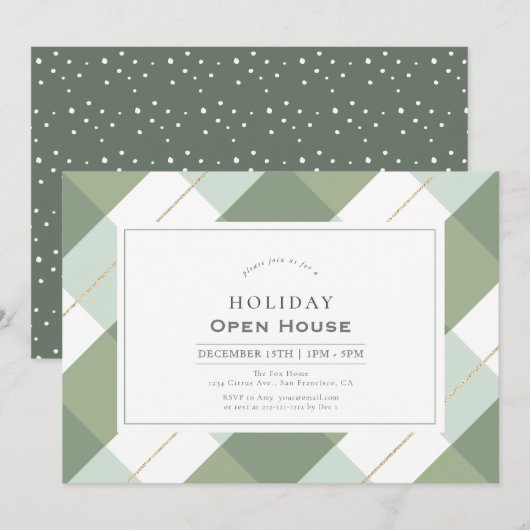 Sage Green & Gold Gingham Check Holiday Open House Kaart (Voorkant / Achterkant)