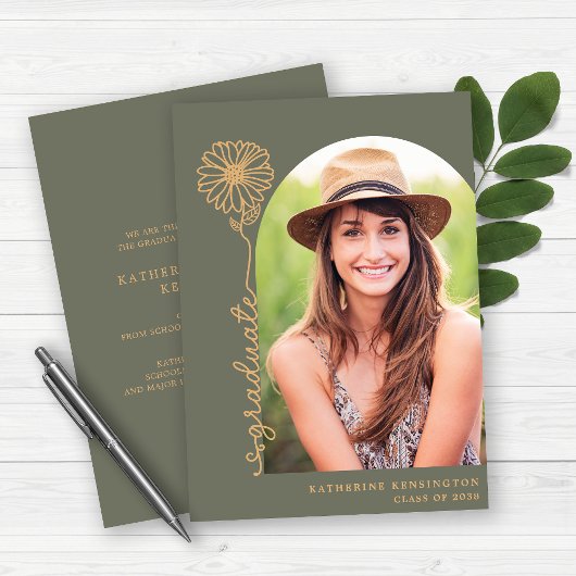 Sage Green Gold Handwrited Photo Afstuderen Kaart