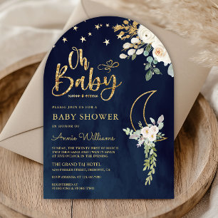 Sage Green Gold Ivoor Floral Moon Navy Baby shower Kaart
