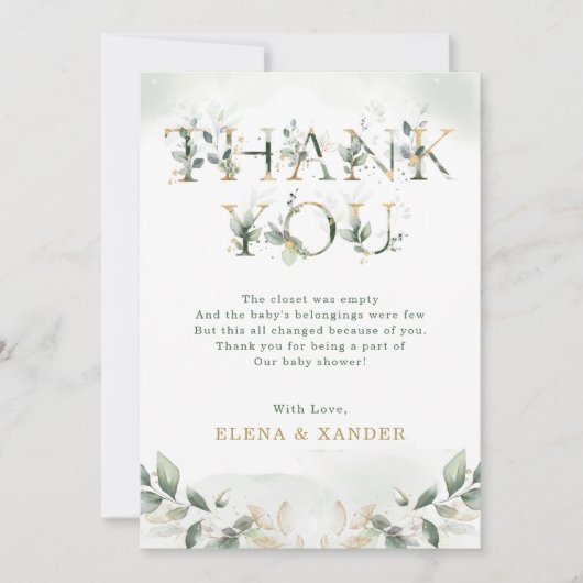 Sage Green Gold Leaves Baby shower Dank u kaart (Voorkant)