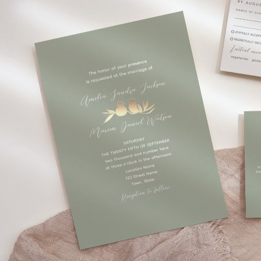 Sage Green Gold Lovebirds Wedding Kaart