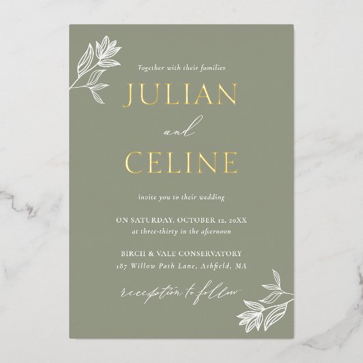 Sage Green Gold Minimal Greenery Elegante bruiloft Folie Uitnodiging (Voorkant)