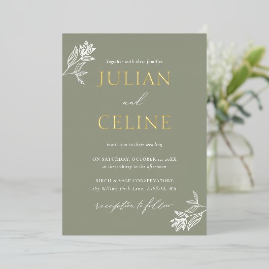 Sage Green Gold Minimal Greenery Elegante bruiloft Folie Uitnodiging (Staand Voorkant)