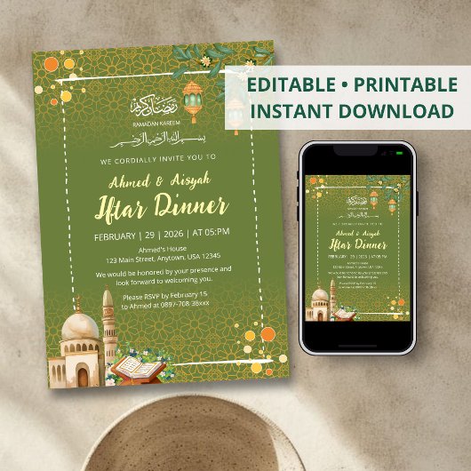 Sage Green & Gold Mosque Ramadan Iftar Invitation Kaart