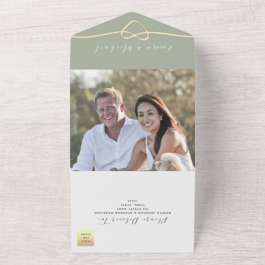 Sage Green Gold Rope Heart Wedding All In One Uitnodiging (Buitenkant)