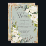Sage Green Gold Rustic Floral Faire-part de mariag<br><div class="desc">Superbe spray floral botanique blanc d'hydrangées et de roses aux accents de verdure,  d'eucalyptus et d'or vintage. Beau arrière - plan vert sage. C'est une si belle invitation. Beau et parfait pour toute saison et votre événement spécial.</div>