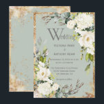 Sage Green Gold Rustic Floral Faire-part de mariag<br><div class="desc">Superbe spray floral botanique blanc d'hydrangées et de roses aux accents de verdure,  d'eucalyptus et d'or vintage. Beau arrière - plan vert sage. C'est une si belle invitation. Beau et parfait pour toute saison et votre événement spécial.</div>
