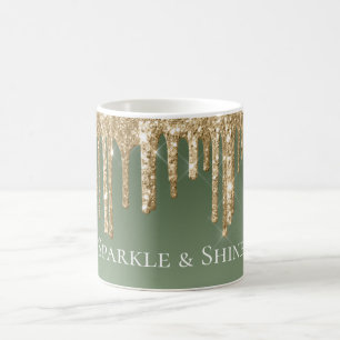 Sage Green Gold Sparkle Glitter Drips Koffiemok