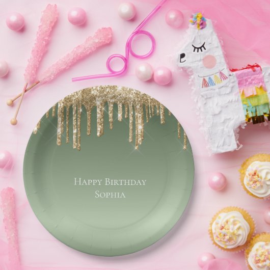 Sage Green Gold Sparkle Glitter Drips Verjaardag Papieren Bordje (Feest)