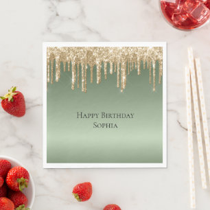 Sage Green Gold Sparkle Glitter Drips Verjaardag Servet
