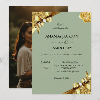 Sage Green Gold String Lights Photo Wedding Invita Kaart
