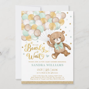 Sage Green Gold Teddy Bear Neutral Baby shower Kaart