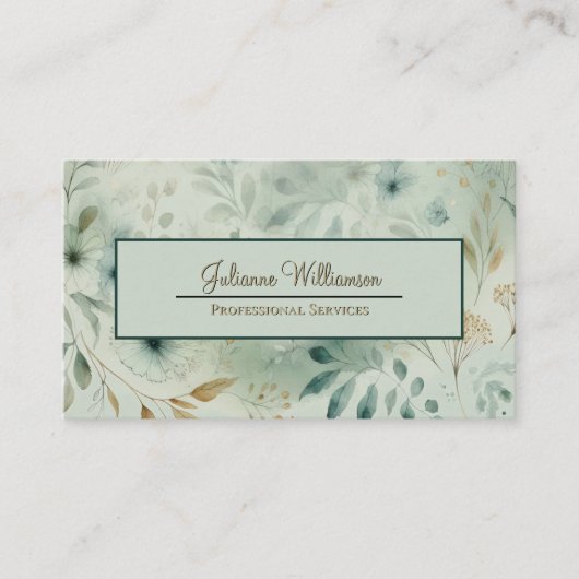 Sage Green & Gold Waterverf Botanische QR-code Visitekaartje (Voorkant)