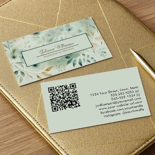 Sage Green & Gold Waterverf Botanische QR-code Visitekaartje