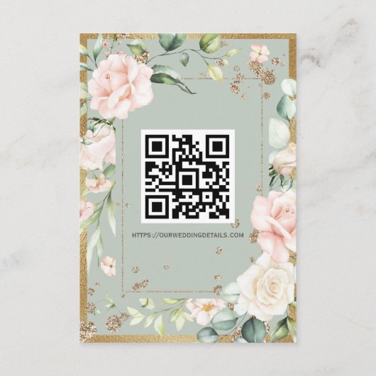 Sage Green Gold Waterverf QR Code Weddenschap Informatiekaartje (Achterkant)