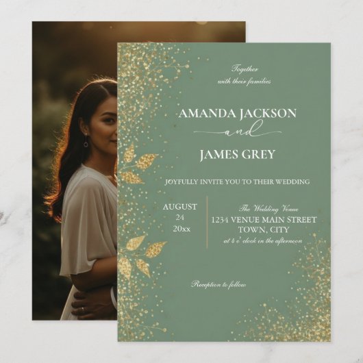 Sage Green & Gold Wedding Invitation (Devant / Derrière)