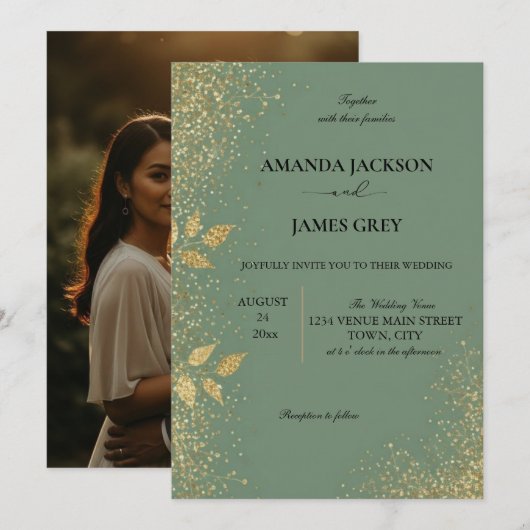 Sage Green & Gold Wedding Invitation (Devant / Derrière)