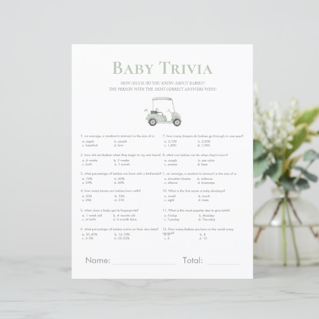 Sage Green Golf baby shower Trivia spel (Staand voorkant)