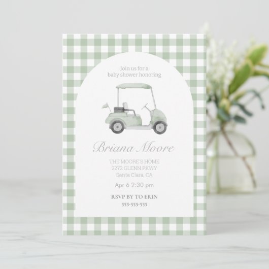 Sage green Golf cart baby shower Invitation (Debout devant)