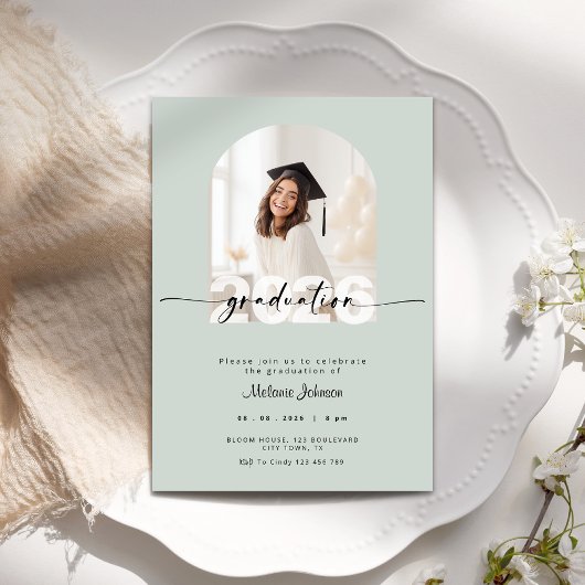 Sage Green Graduation Invitation with Photo - 2026