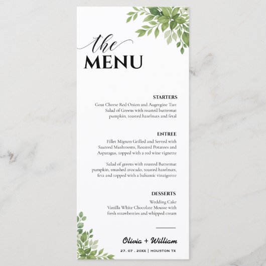 Sage Green Green Mariage Menu Carte de remerciemen (Devant)