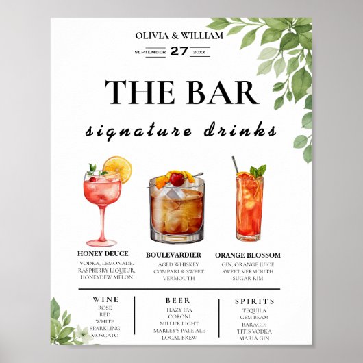 Sage Green Greenery Bar Menu Drink teken Poster (Voorkant)