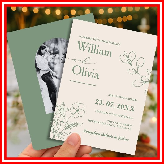 Sage Green Greenery Boho Minimalistische bruiloft Kaart