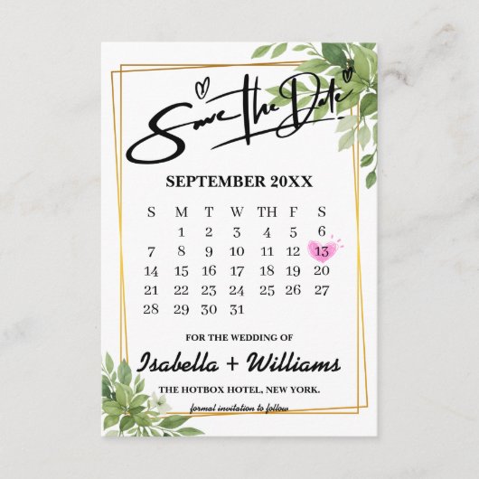 Sage Green Greenery Calendar Wedding Sla de datum  Informatiekaartje (Voorkant)