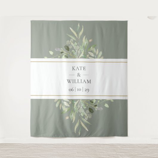 Sage Green Greenery Wedding Photo Booth Backdrop Wandkleed (Voorkant)