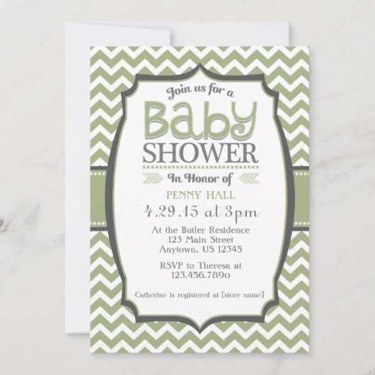 Sage Green Grey Chevron Baby shower Uitnodiging (Voorkant)